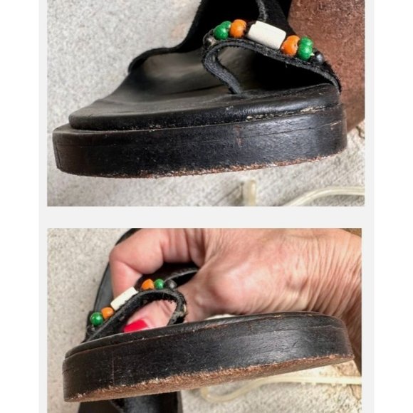 Naked Feet Sandals Flats 8.5 Beaded Toe Loop Black Leather Nubuck Square… - Picture 12 of 13